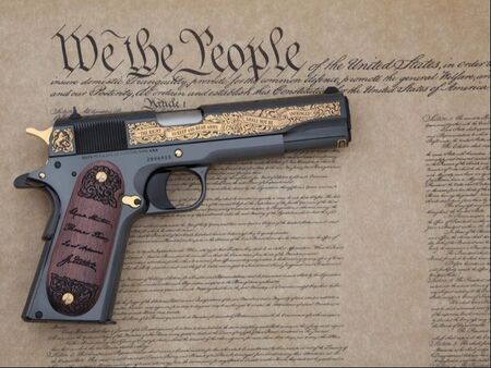 2nd Amendment with firearm sitting on it. 